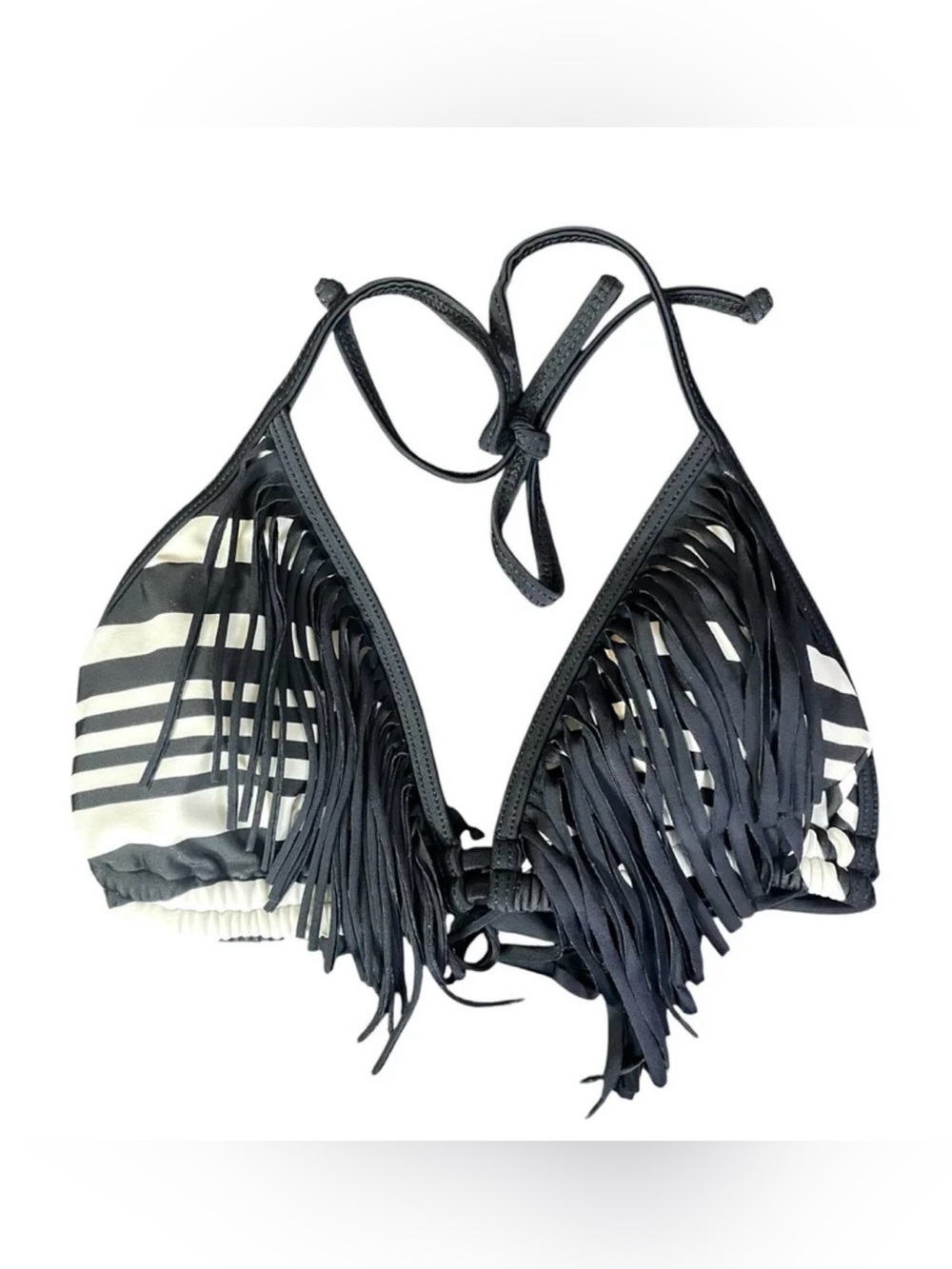 Gianni Bini Bikini Swim Top Black & White Stripe Tassles Beach Pool Size Medium